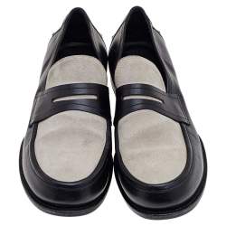 Pre Owned Bottega Veneta Black/Cream Suede And Leather Slip on Loafers Size 45