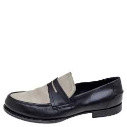 Pre Owned Bottega Veneta Black/Cream Suede And Leather Slip on Loafers Size 45