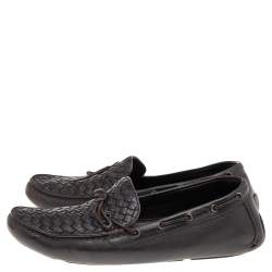 Bottega Veneta Dark Brown Intrecciato Leather Bow Slip On Loafers Size 45