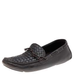 Bottega Veneta Dark Brown Intrecciato Leather Bow Slip On Loafers Size 45