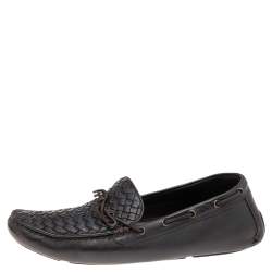 Bottega Veneta Dark Brown Intrecciato Leather Bow Slip On Loafers Size 45