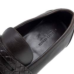 Pre Owned Bottega Veneta Brown Leather Wave Driver Intrecciato Detail Slip on Loafers Size 44