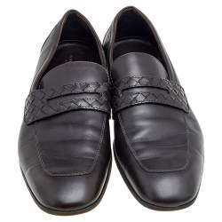 Pre Owned Bottega Veneta Brown Leather Wave Driver Intrecciato Detail Slip on Loafers Size 44