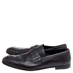Pre Owned Bottega Veneta Brown Leather Wave Driver Intrecciato Detail Slip on Loafers Size 44