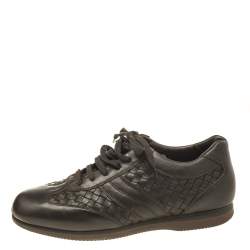 Bottega Veneta Dark Brown Intrecciato Leather Lace Up Low Top Sneakers Size 43.5