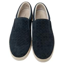 Bottega Veneta Navy Blue Intrecciato Suede Slip on Sneakers Size 41