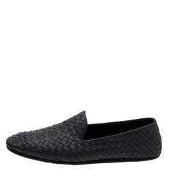 Pre Owned Bottega Veneta Black Intrecciato Leather Smoking Slippers Size 44