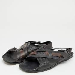Bottega Veneta Black/Dark Brown Intrecciato Leather Criss Cross Flat Sandals Size 43