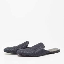 Pre Owned Bottega Veneta Navy Blue Intrecciato Leather Fiandra Flat Mules Size 42