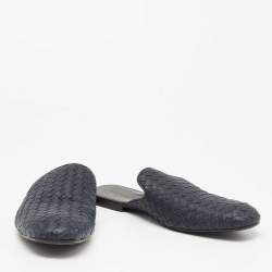 Pre Owned Bottega Veneta Navy Blue Intrecciato Leather Fiandra Flat Mules Size 42