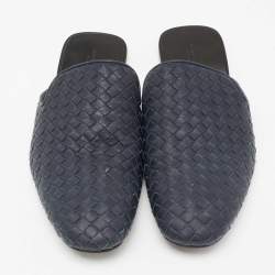 Pre Owned Bottega Veneta Navy Blue Intrecciato Leather Fiandra Flat Mules Size 42