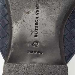 Pre Owned Bottega Veneta Navy Blue Intrecciato Leather Fiandra Flat Mules Size 42