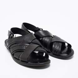Pre Owned Bottega Veneta Black Intrecciato Leather Criss Cross Flat Sandals Size 41