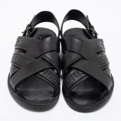 Pre Owned Bottega Veneta Black Intrecciato Leather Criss Cross Flat Sandals Size 41