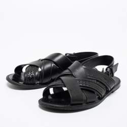 Pre Owned Bottega Veneta Black Intrecciato Leather Criss Cross Flat Sandals Size 41
