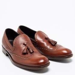 Pre Owned Bottega Veneta Brown Leather Tassel Slip On Loafers Size 40