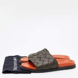 Bottega Veneta Olive Green Intrecciato Leather Speedster Flat Slides Size 45