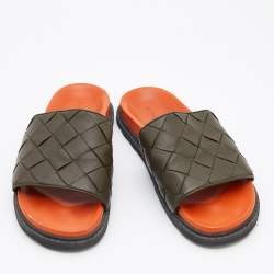Bottega Veneta Olive Green Intrecciato Leather Speedster Flat Slides Size 45