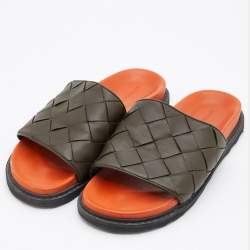 Bottega Veneta Olive Green Intrecciato Leather Speedster Flat Slides Size 45