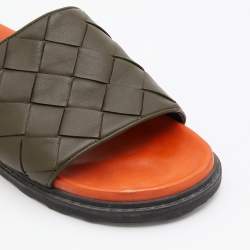 Bottega Veneta Olive Green Intrecciato Leather Speedster Flat Slides Size 45