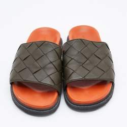 Bottega Veneta Olive Green Intrecciato Leather Speedster Flat Slides Size 45