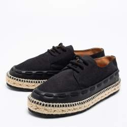 Pre Owned Bottega Veneta Black Leather And Canvas Trimmed Lace-Up Espadrilles Size 41