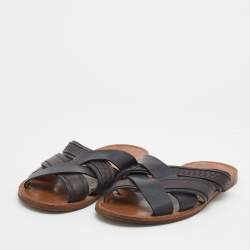 Pre Owned Bottega Veneta Black/Dark Brown Leather Criss-Cross Flat Slide Sandals Size 43