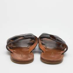 Pre Owned Bottega Veneta Black/Dark Brown Leather Criss-Cross Flat Slide Sandals Size 43