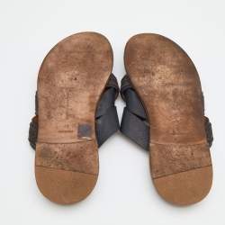 Pre Owned Bottega Veneta Black/Dark Brown Leather Criss-Cross Flat Slide Sandals Size 43