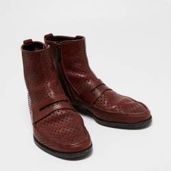 Bottega Veneta Burgundy Perforated Leather Ankle Length Boots Size 41