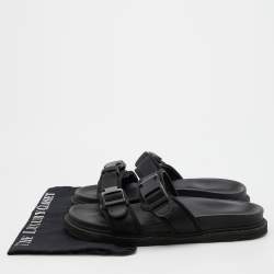 Pre Owned Bottega Veneta Black Fabric Logo Flat Slide Sandals Size 42