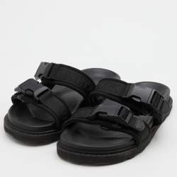 Pre Owned Bottega Veneta Black Fabric Logo Flat Slide Sandals Size 42