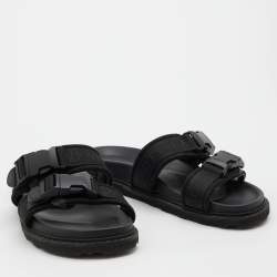 Pre Owned Bottega Veneta Black Fabric Logo Flat Slide Sandals Size 42