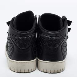 Pre Owned Bottega Veneta Black Intrecciato Leather Velcro Strap High Top Sneakers Size 43.5