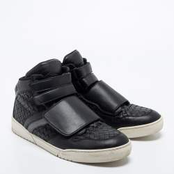 Pre Owned Bottega Veneta Black Intrecciato Leather Velcro Strap High Top Sneakers Size 43.5