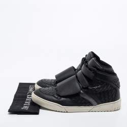Pre Owned Bottega Veneta Black Intrecciato Leather Velcro Strap High Top Sneakers Size 43.5