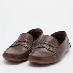 Bottega Veneta Brown Leather Wave Driver Intrecciato Penny Loafers Size 43