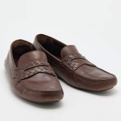 Bottega Veneta Brown Leather Wave Driver Intrecciato Penny Loafers Size 43
