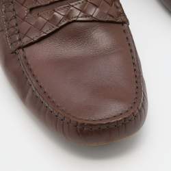 Bottega Veneta Brown Leather Wave Driver Intrecciato Penny Loafers Size 43