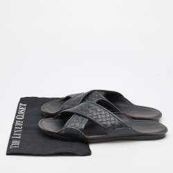 Bottega Veneta Dark Blue Intrecciato Leather Criss Cross Flat Slides Size 43
