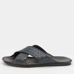 Bottega Veneta Dark Blue Intrecciato Leather Criss Cross Flat Slides Size 43