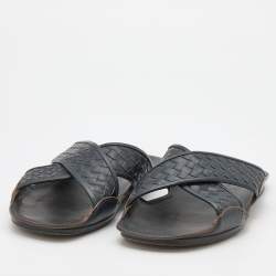 Bottega Veneta Dark Blue Intrecciato Leather Criss Cross Flat Slides Size 43