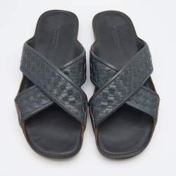 Bottega Veneta Dark Blue Intrecciato Leather Criss Cross Flat Slides Size 43