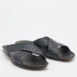 Bottega Veneta Dark Blue Intrecciato Leather Criss Cross Flat Slides Size 43
