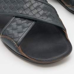 Bottega Veneta Dark Blue Intrecciato Leather Criss Cross Flat Slides Size 43