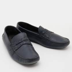 Bottega Veneta Navy Blue Leather Wave Driver Slip On Loafers Size 44.5