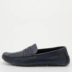 Bottega Veneta Navy Blue Leather Wave Driver Slip On Loafers Size 44.5