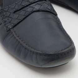 Bottega Veneta Navy Blue Leather Wave Driver Slip On Loafers Size 44.5
