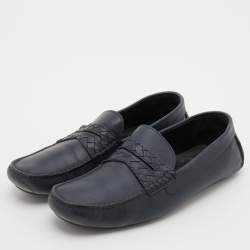 Bottega Veneta Navy Blue Leather Wave Driver Slip On Loafers Size 44.5