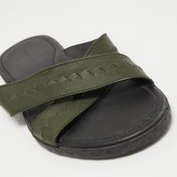 Bottega Veneta Green Leather Crisscross Flat Slides Size 44